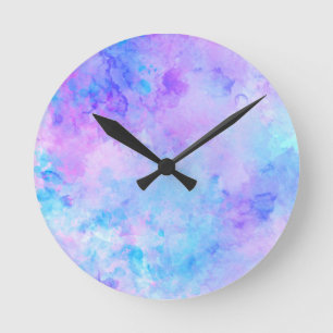 Purple and Turquoise Watercolor Splashes Round Clock