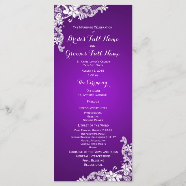 Purple and Vintage Floral Lace Wedding Program (Front)