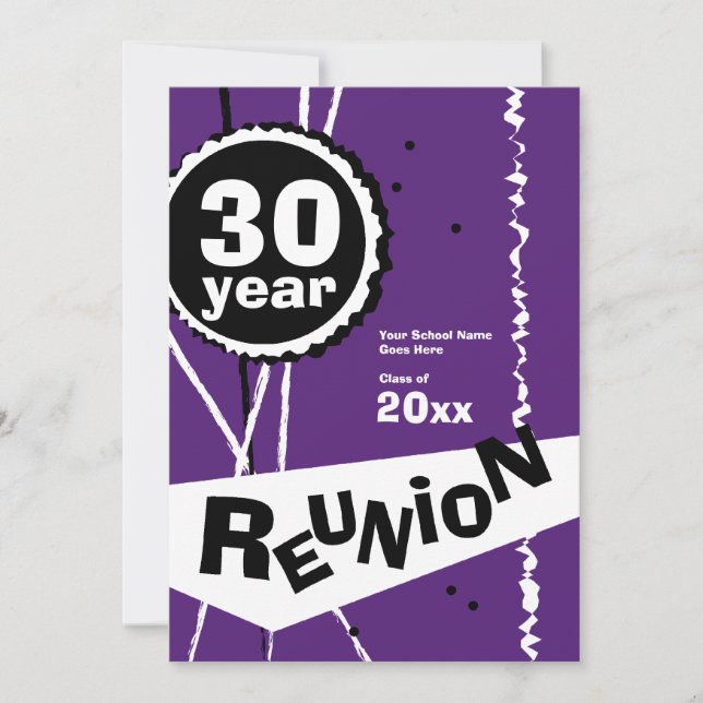 Purple and White 30 Year Class Reunion Invitation (Front)