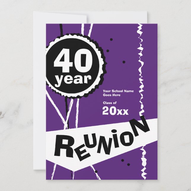 Purple and White 40 Year Class Reunion Invitation (Front)