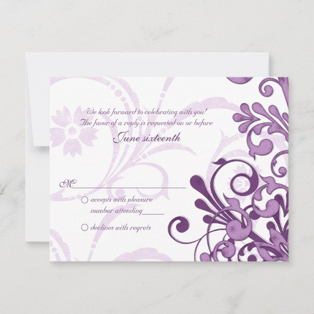 Purple and White Abstract Floral Reply Card (Front)