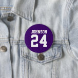 Purple and White Athlete Name Jersey Number 3 Inch Round Button<br><div class="desc">Cheer on your favourite sports team, football player or just show off your school pride with a custom personalized spirit button! Add your school name or personalize with a player's name and jersey number. Perfect for football, basketball, baseball and soccer games! Create custom pins for the whole team, cheerleaders, parents...</div>