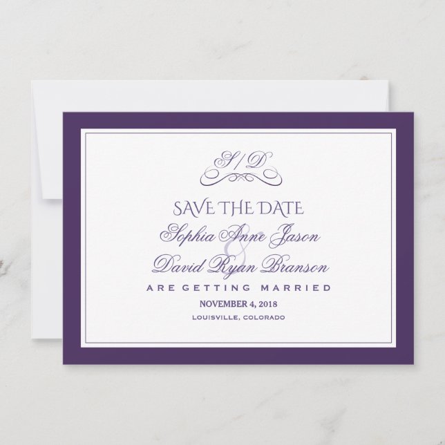 Purple and White Border Evening Wedding  Save The Date (Front)