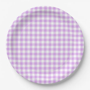 Purple and White Buffalo Checks BBQ Engagement Paper Plate