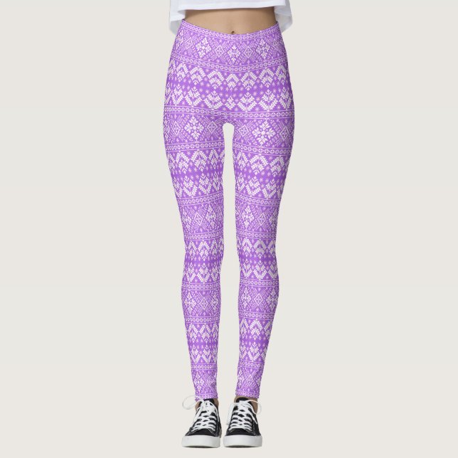 Purple and White Christmas Fair Isle Pattern Leggings (Front)