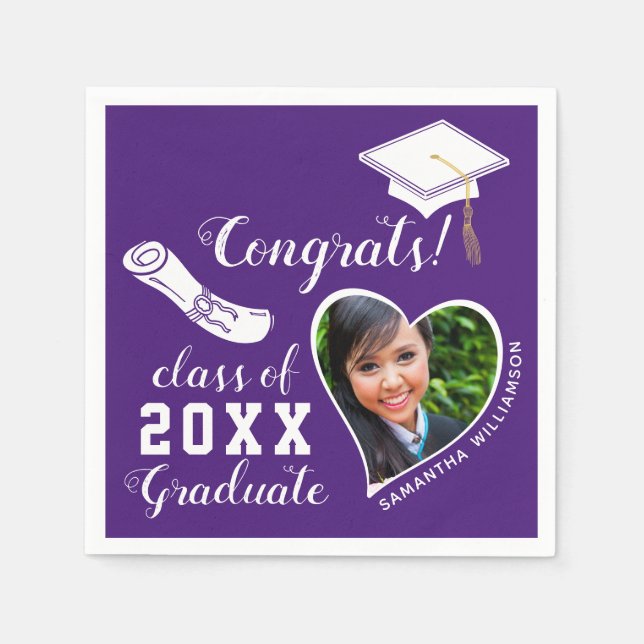 Purple and White Class 2025 Grad Photo Graduation Napkin (Front)
