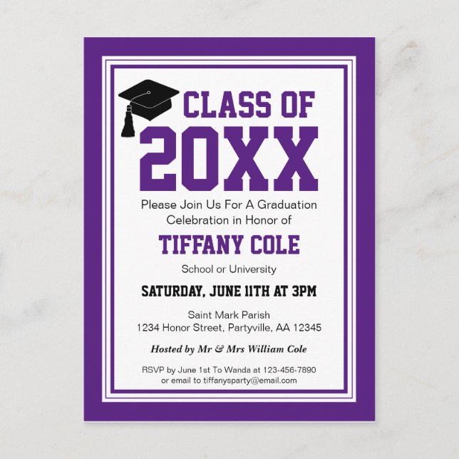 Purple and White Class Year Graduation Invitation Postcard (Front)
