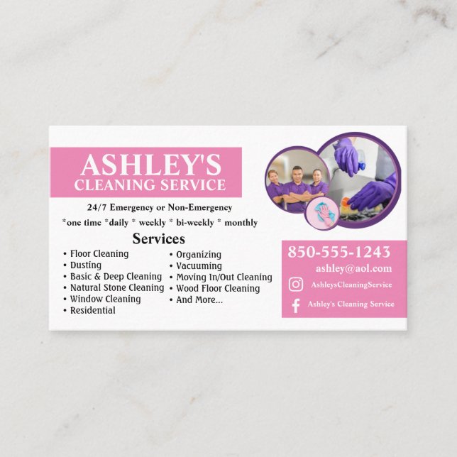 Purple and white Cleaning Service Business Card  (Front)