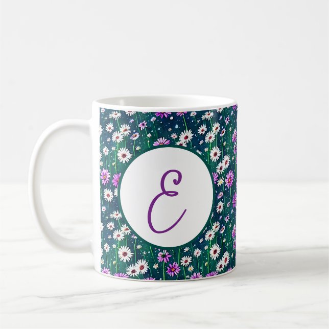 Purple and white daisies pattern monogram coffee mug (Left)