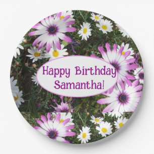 Purple and White Daisy Birthday Customizable Name Paper Plate