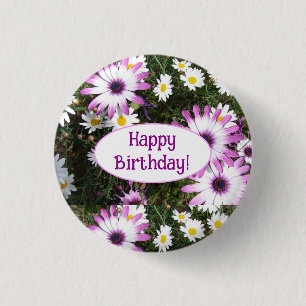 Purple and White Daisy Floral Customizable Name 1 Inch Round Button