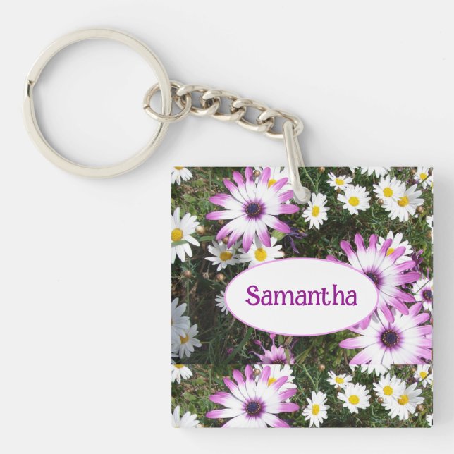 Purple and White Daisy Floral Customizable Name Keychain (Front)