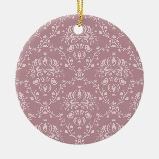 Purple and White Damask Ceramic Ornament (Front)