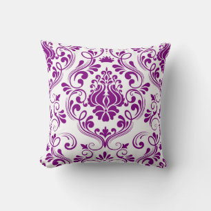Purple and White Damask Floral Pattern Elegant Throw Pillow