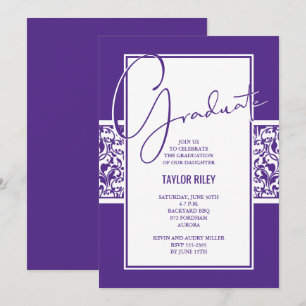 Purple and White Damask Graduation Invitation