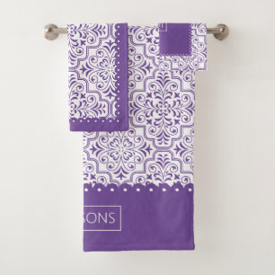 Purple and white damask pattern, scalloped borders bath towel set