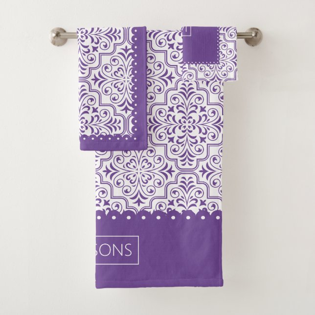 Purple and white damask pattern, scalloped borders bath towel set (Insitu)