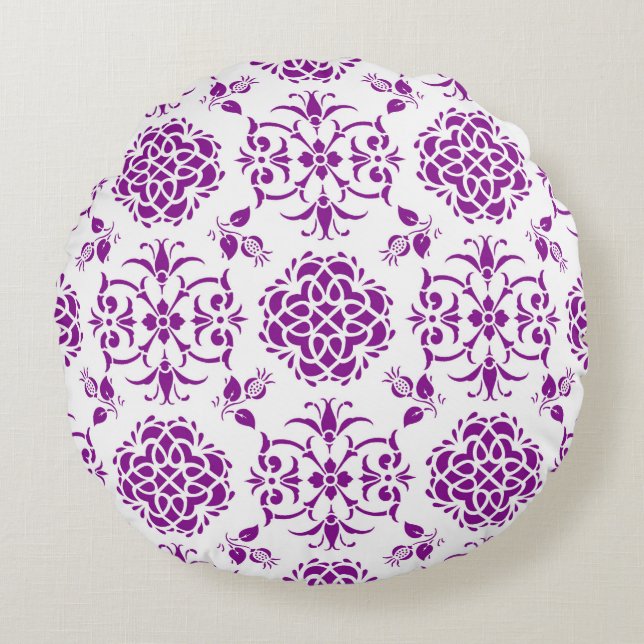 Purple and White Damask Style Pattern Round Pillow (Front)
