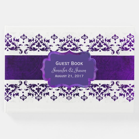 Purple and White Damask Wedding Guest Book