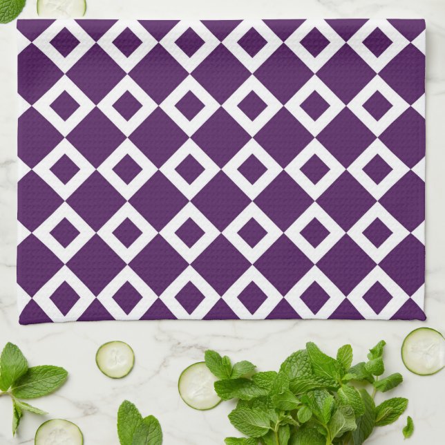 Purple and White Diamond Pattern Kitchen Towel (Folded)