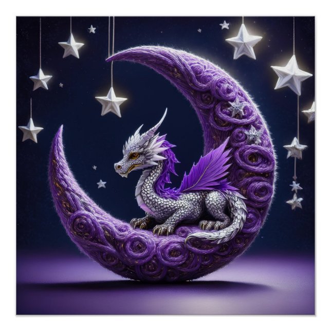 Purple And White Dragon Resting On A Crescent Moon Poster (Front)