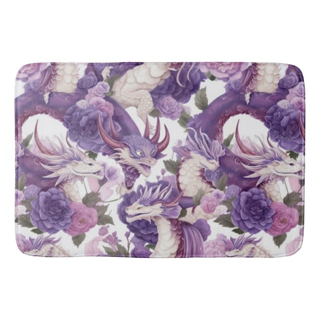Purple and White Dragons and Roses Bath Mat (Front)