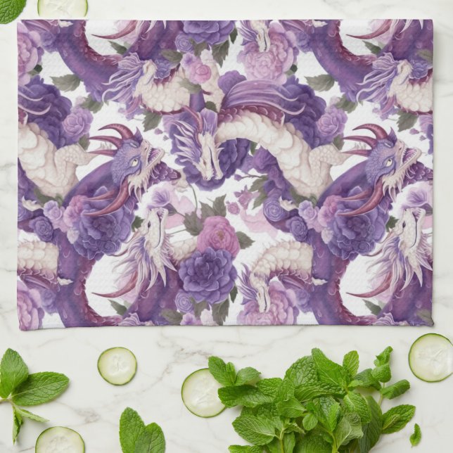 Purple and White Dragons and Roses Kitchen Towel (Folded)