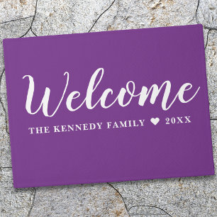 Purple And White Family Name Outdoor Welcome Doormat