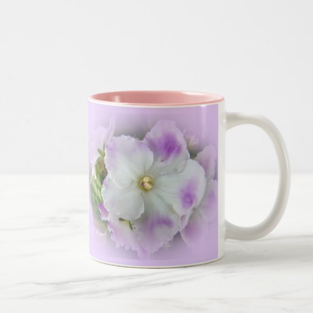 Purple and White Fancy African Violets Two-Tone Coffee Mug (Right)
