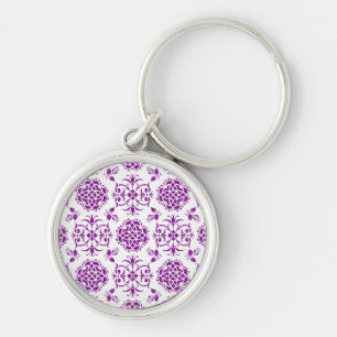 Purple and White Floral Damask Style Pattern Keychain