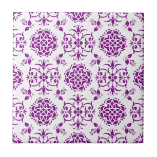 Purple and White Floral Damask Style Pattern Tile
