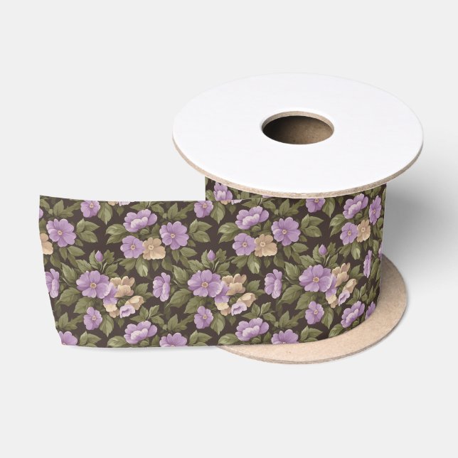 Purple and White Floral On Black Satin Ribbon (Spool)