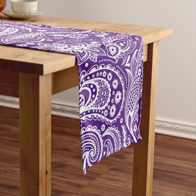 Purple And White Floral Paisley Pattern Short Table Runner (In Situ)