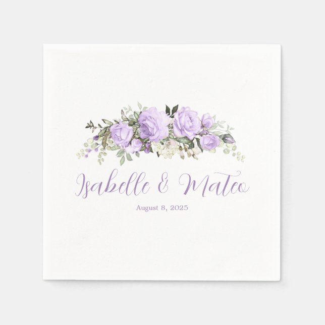 Purple and White Floral Personalized Wedding Napkin (Front)