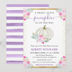 Purple and White Floral Pumpkins Fall Baby Shower Invitation