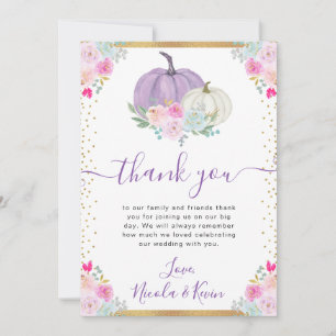 Purple and White Floral Pumpkins Fall Wedding Thank You Card