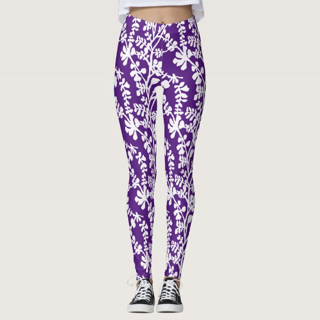 Purple And White Floral Repeating Pattern Leggings (Front)