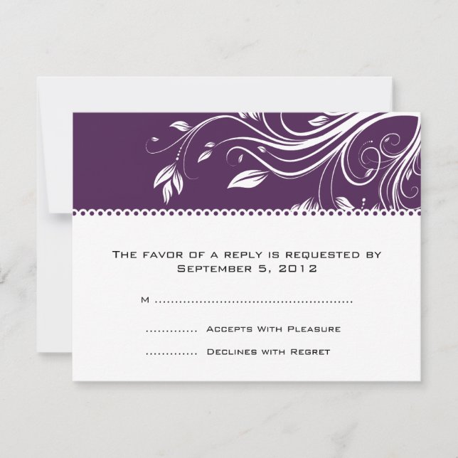 Purple and White Floral Swirls Wedding RSVP Card (Front)