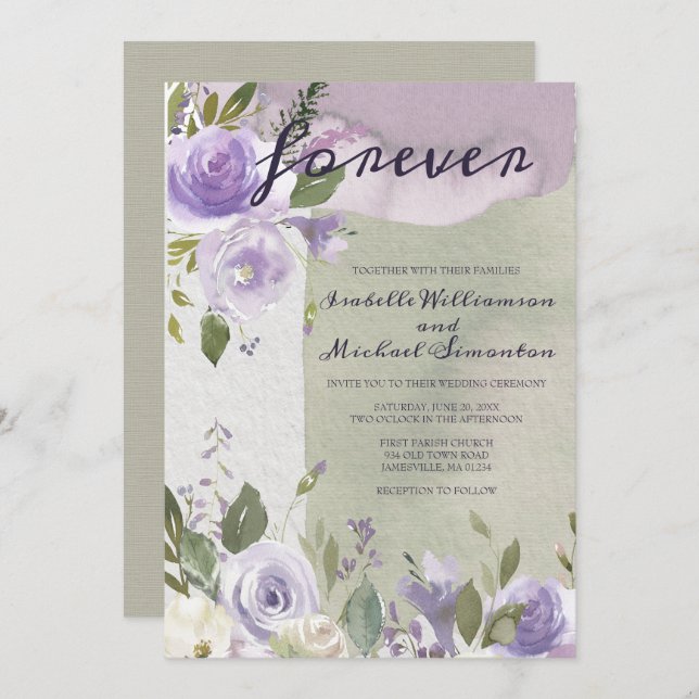 Purple and White Floral Wedding Invitations (Front/Back)