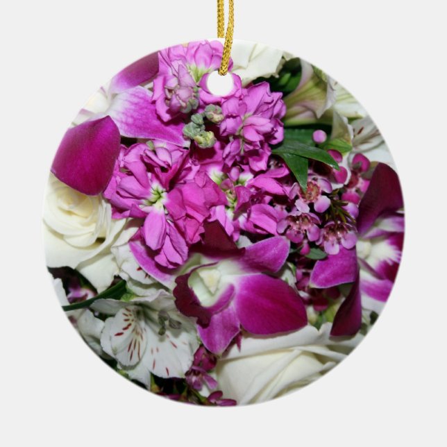 Purple and White Flower Arrangement Photo Ceramic Ornament (Front)