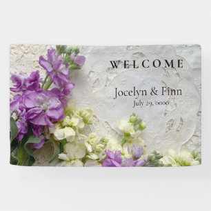 Purple and white flowers on old laces banner