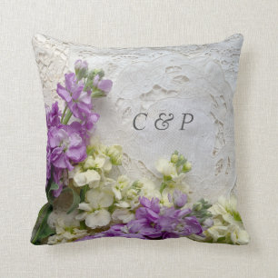 Purple and white flowers on old laces throw pillow