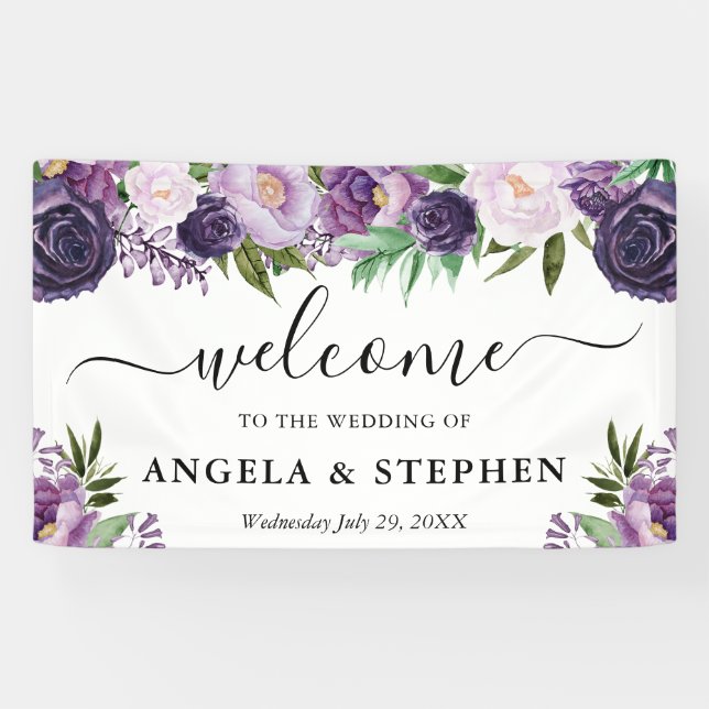 Purple and White Flowers Wedding Welcome Banner (Horizontal)