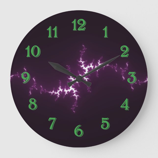 Purple and White Fractal w/Black Background Large Clock (Front)