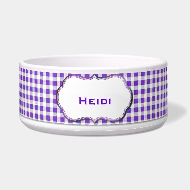 Purple and White Gingham Custom Dog Bowl (Front)