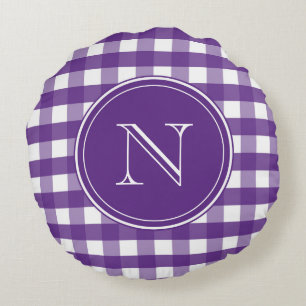 Purple and White Gingham Monogram Round Pillow