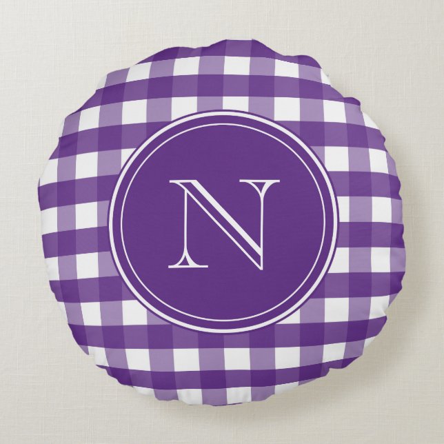 Purple and White Gingham Monogram Round Pillow (Back)
