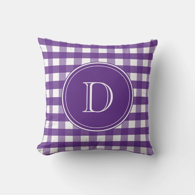 Purple and White Gingham Monogram Throw Pillow (Front)