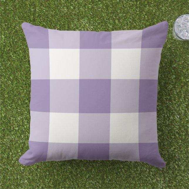 Purple and White Gingham Plaid Pattern Outdoor Pillow (Grass)