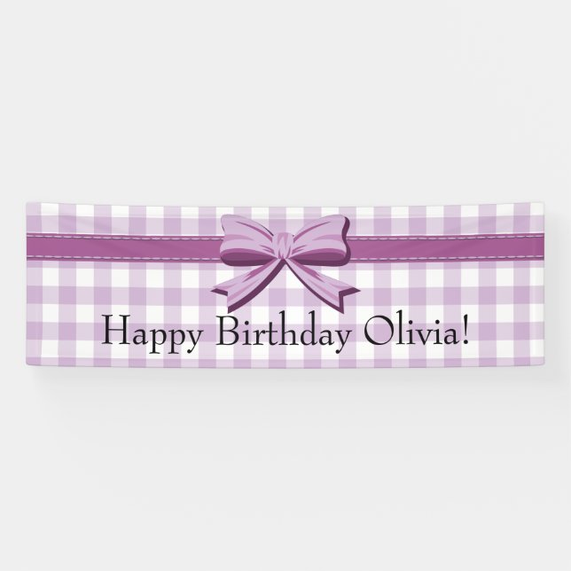 Purple and White Gingham w/ Bow Birthday Banner (Horizontal)